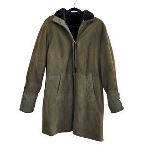 SIARLE Quilted Suede Shearling Coat Olive Green XS Genuine Sheepskin Lined